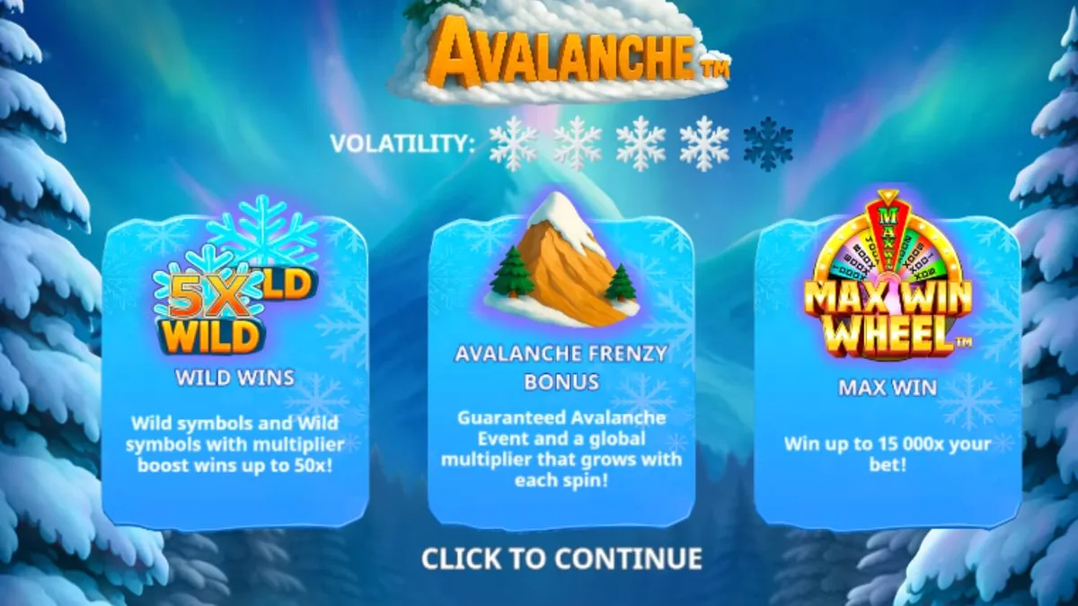 Tampilan layar slot Avalanche di perangkat seluler dengan latar belakang pegunungan salju.