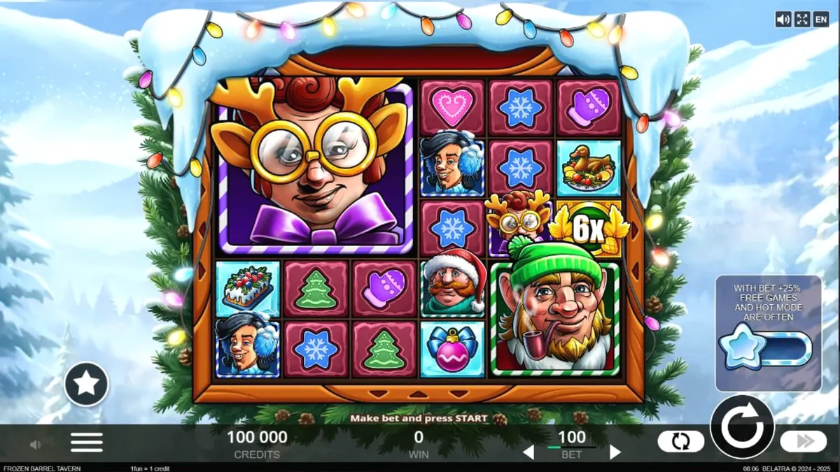 Tampilan layar game slot Frozen Barrel Tavern dengan karakter petualang di dalam kedai yang nyaman, tong-tong kayu, dan simbol-simbol musim dingin.