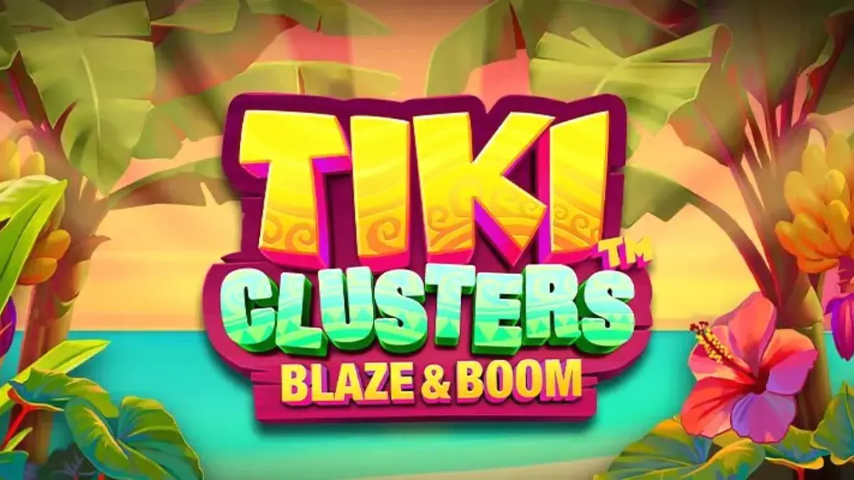 Tampilan visual eksotis dari slot Tiki Clusters Blaze & Boom dengan latar belakang pantai tropis.